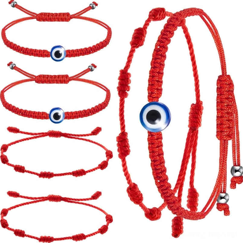 4-piece evil eye and seven knot red string protection bracelet set flat lay display
