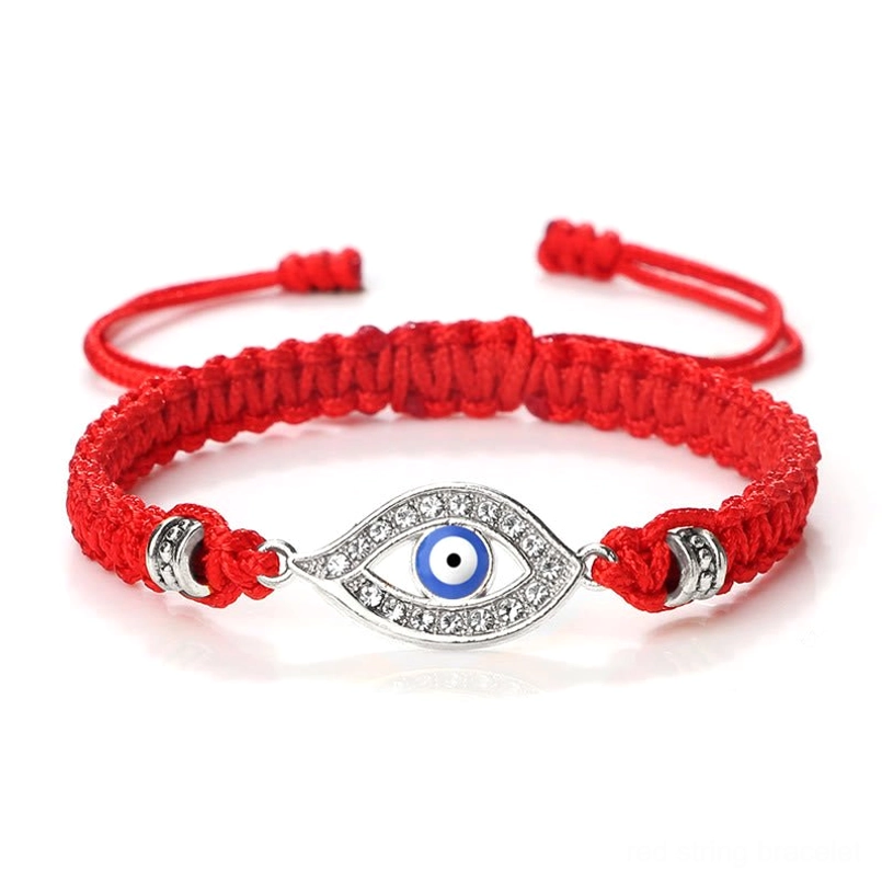 White pink evil eye red string bracelet silver border accent