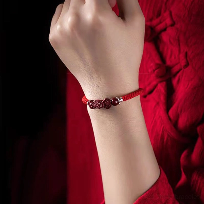 Feng Shui Pixiu cinnabar bracelet with red string and silver hardware