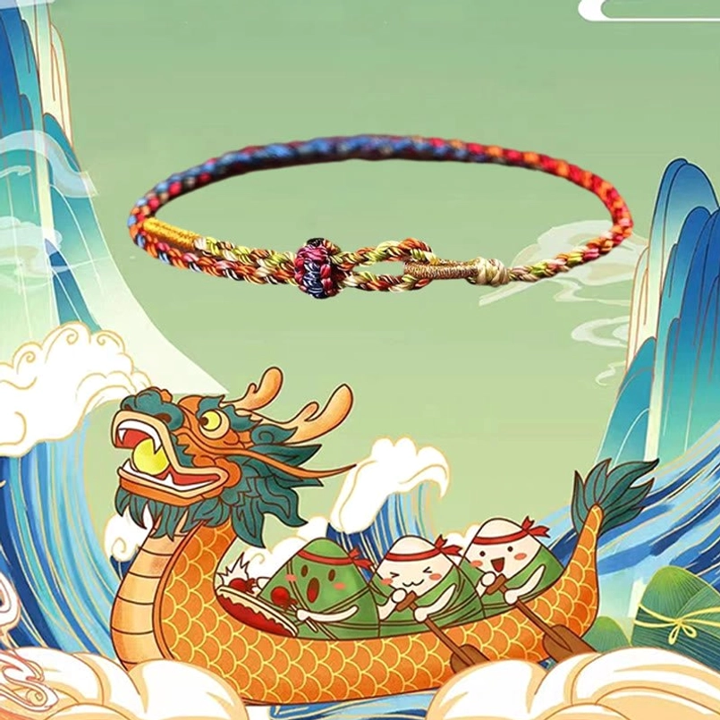 Handcrafted lucky woven bracelet with colorful twisted rope on dragon boat festival illustration background