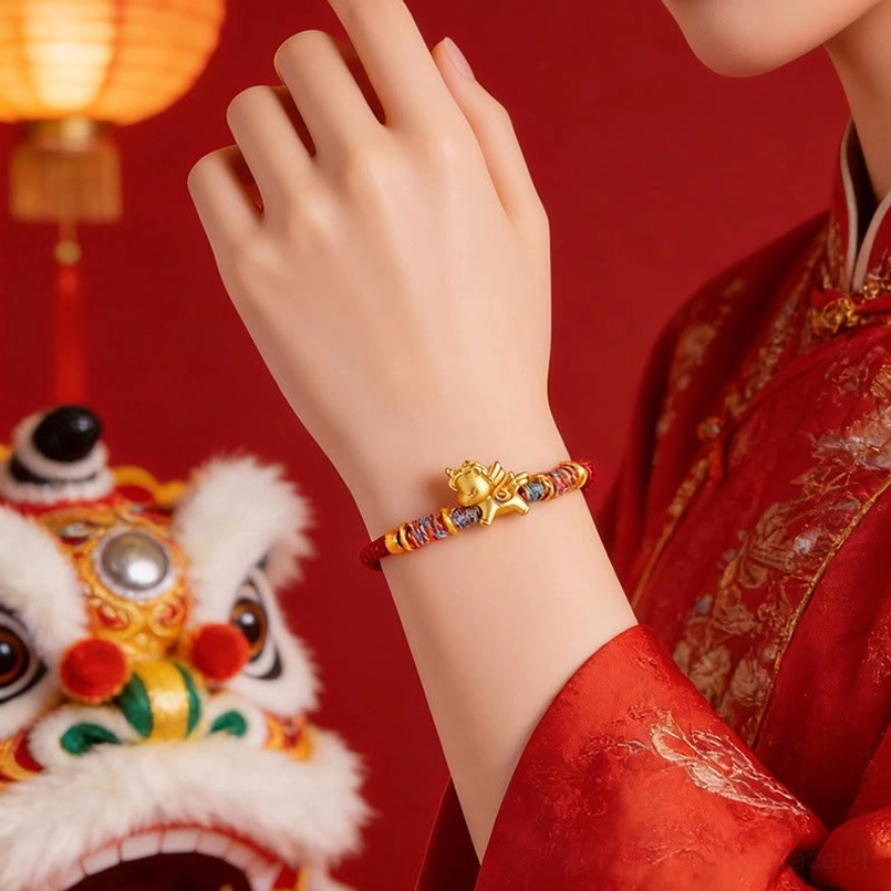 Festive lucky red string horse bracelet on wrist with traditional background