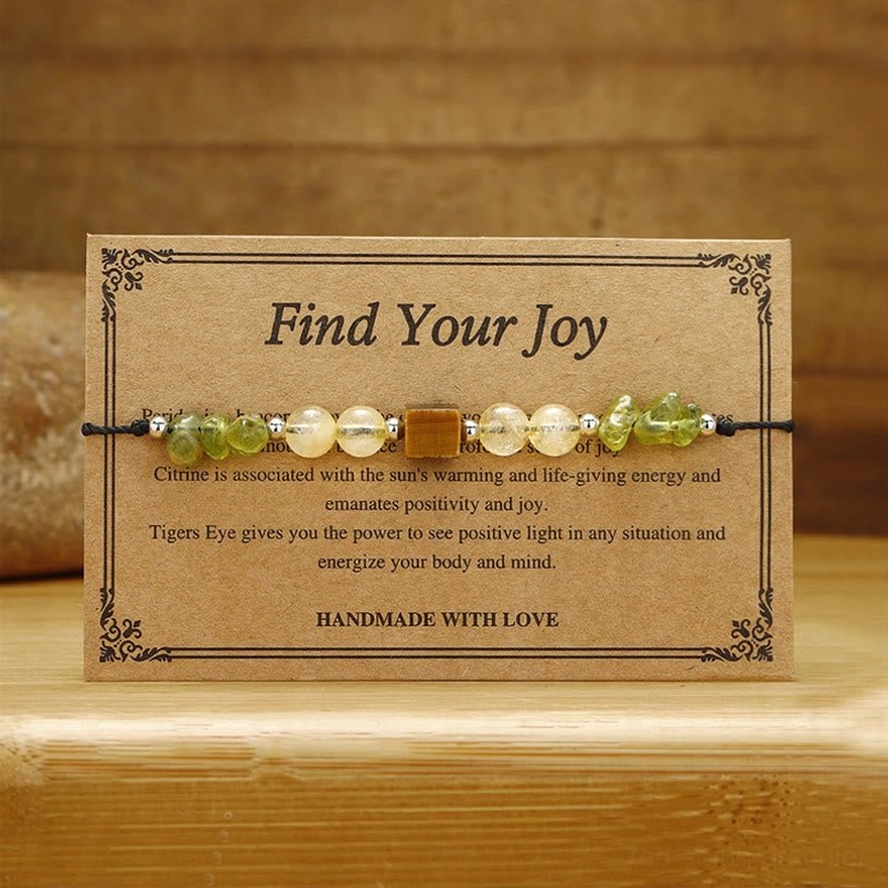 Handmade with Love - Find Your Joy Peridot Citrine Tiger Eye bracelet on kraft display card