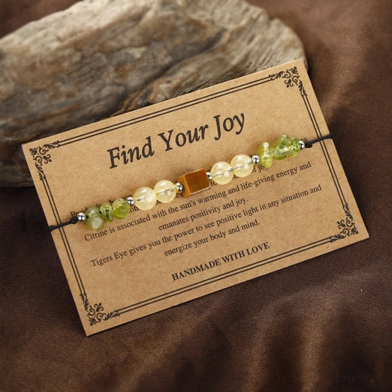 Find Your Joy bracelet description card showing crystal meanings and benefits