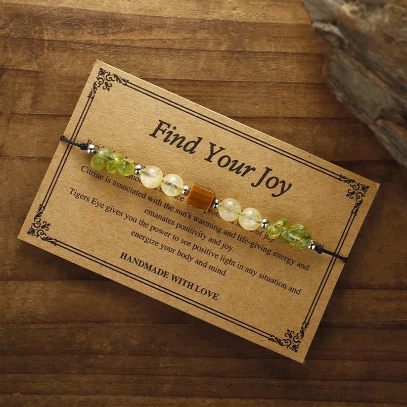 Peridot Citrine Tiger Eye Find Your Joy bracelet with vintage design presentation card