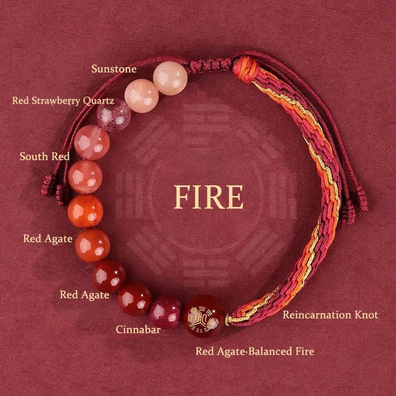 Fire element red agate reincarnation knot bracelet with labeled crystal beads