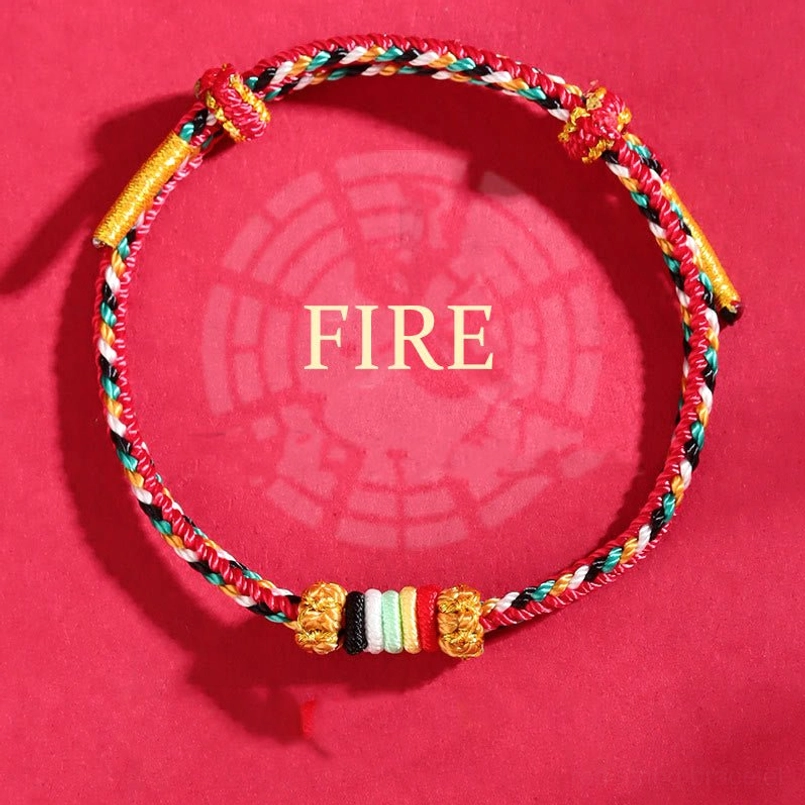 Fire element red braided wuxing lucky bracelet with multicolor spacer beads on red bagua feng shui pattern