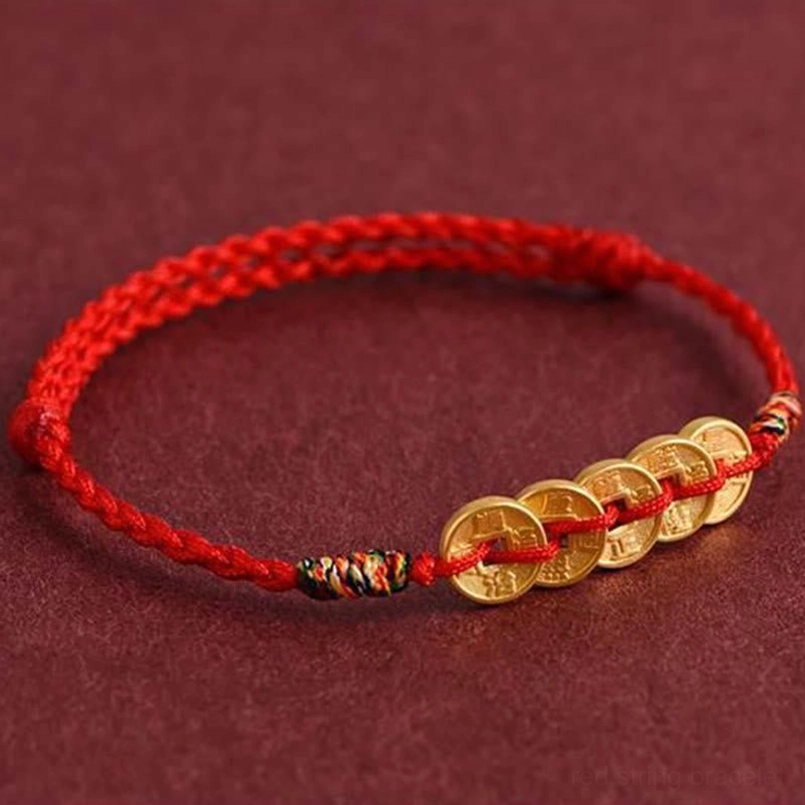 Five copper coin red string bracelet front view with coins displayed on right side