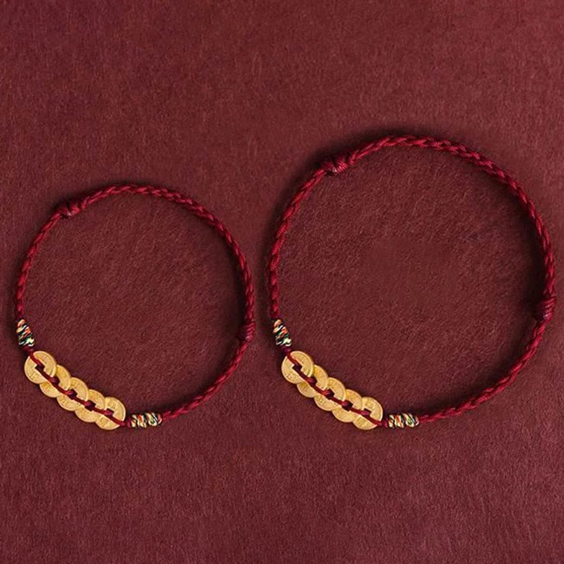 Red string five coins bracelet packaged as spiritual protection gift with meaning card