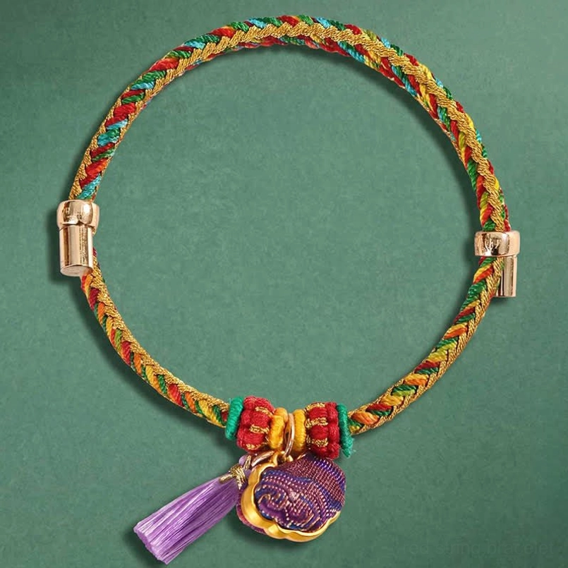 Handwoven five-color lucky bracelet with purple tassel lock pendant and metal clasp fastener