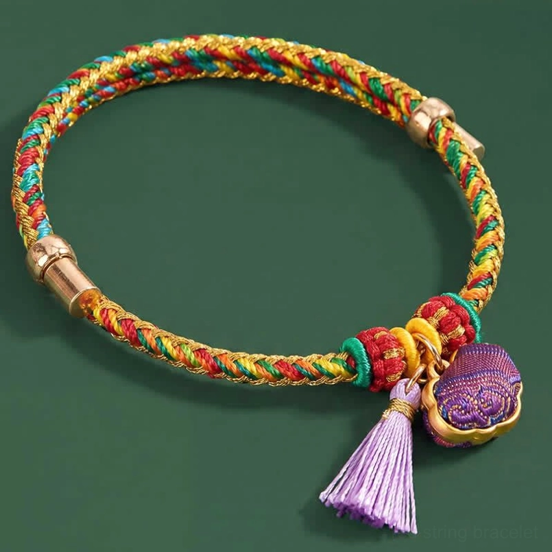 Thick multicolored braided five-color cord bracelet with detailed purple lock pendant and tassel