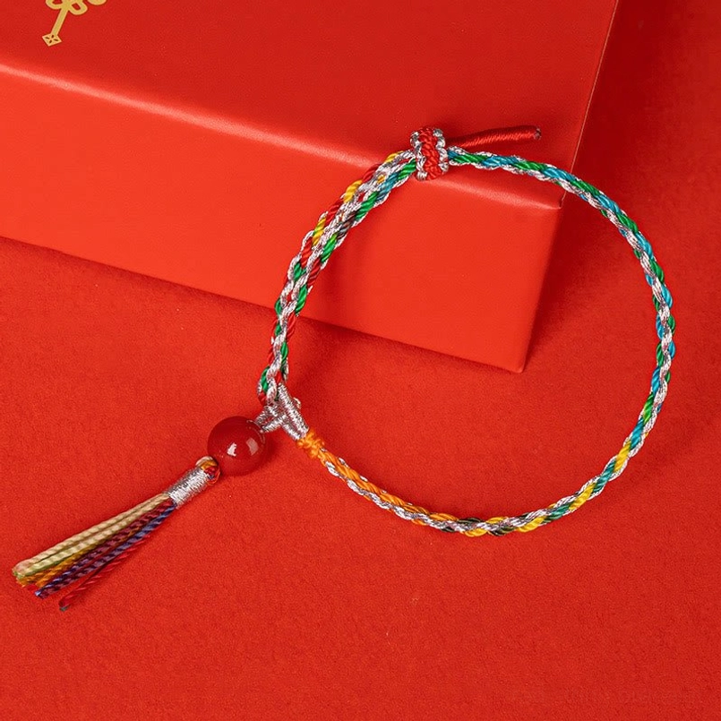 Five color Tibetan string cinnabar bracelet with simple top knot closure