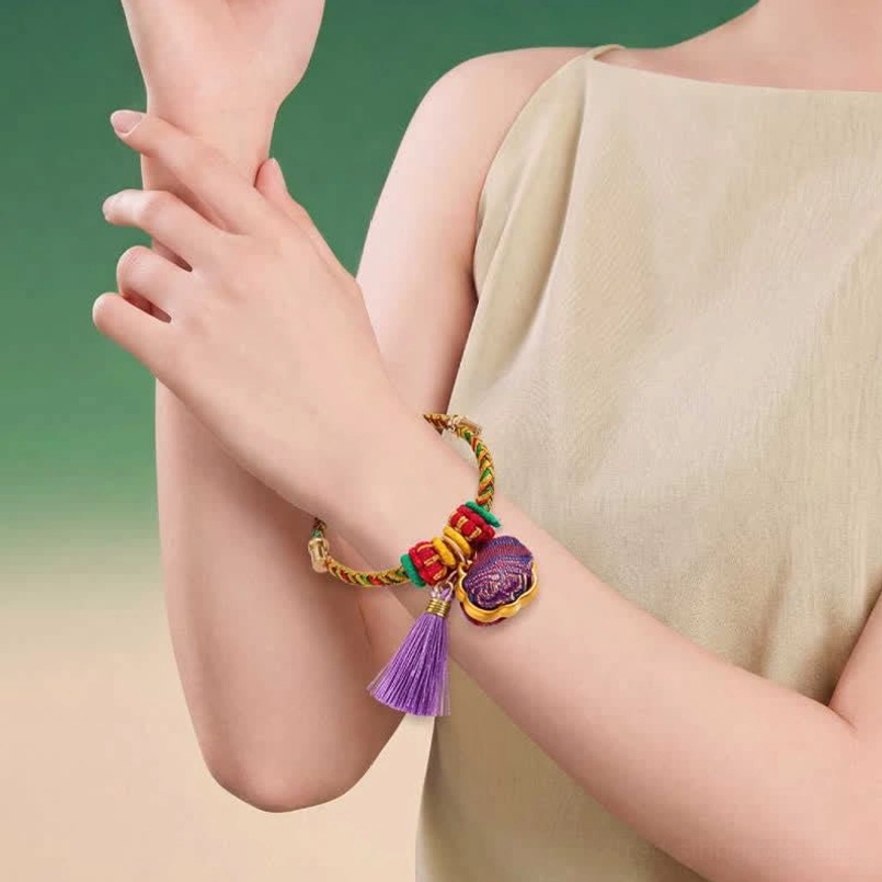 Five-color lucky bracelet gourd charm variant with traditional woven Song Brocade cord