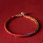 Five color thread protection bracelet with red base and vibrant woven threads, metal adjustable clasp - handmade Tibetan Buddhist blessing bracelet