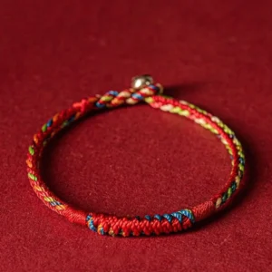 Five color thread protection bracelet with red base and vibrant woven threads, metal adjustable clasp - handmade Tibetan Buddhist blessing bracelet