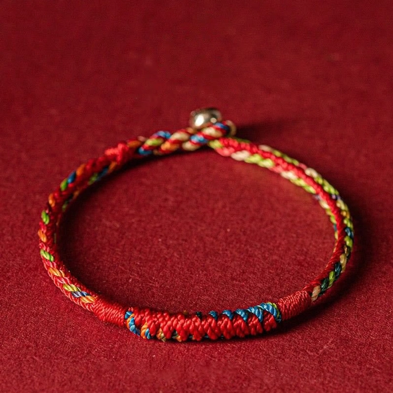 Five color thread protection bracelet with red base and vibrant woven threads, metal adjustable clasp - handmade Tibetan Buddhist blessing bracelet