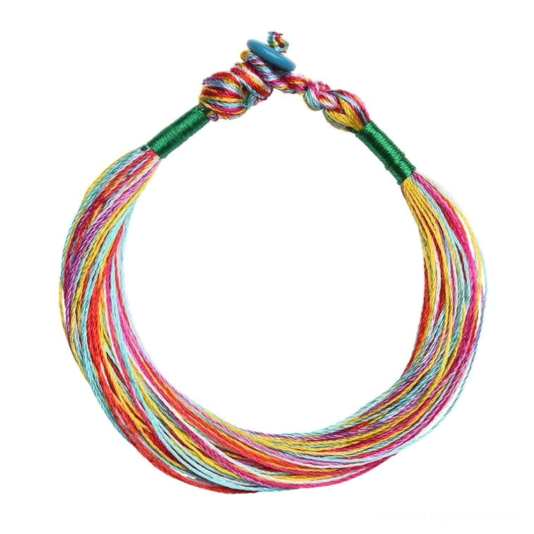 Five color red string bracelet flat lay on pure white background