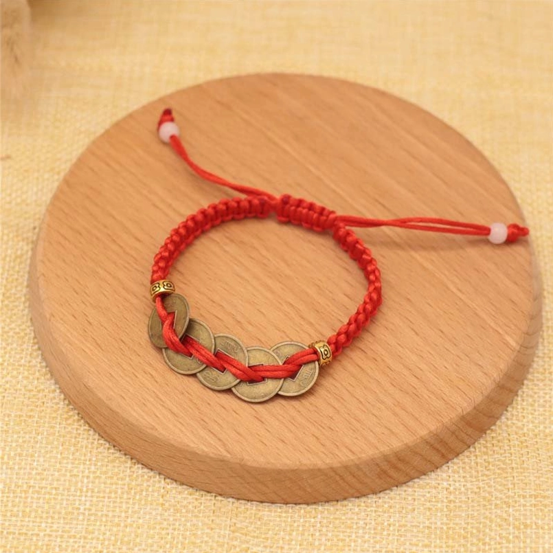 Five copper coins red string bracelet, abundance wealth prosperity design