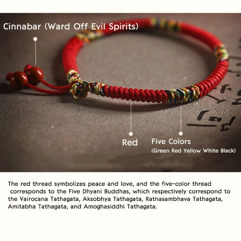 Five colors king kong knot red string bracelet product display with annotated guide showing five dhyani buddhas meaning