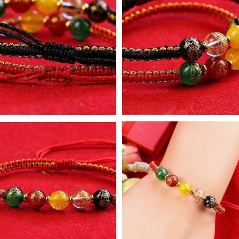 Single red cord Five Directions wealth bracelet with five polished gemstone beads minimalist design