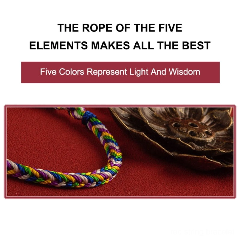 Five-element lucky red string bracelet promotional display with English text and product showcase