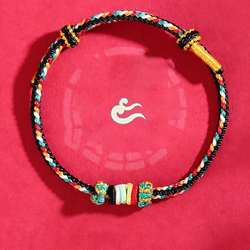 Five elements wuxing braided string bracelet model demonstration on wrist showing fit and color harmony