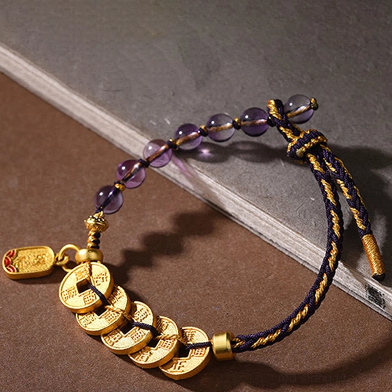 Five-emperor coins red string bracelet detailed view ancient coins pendant