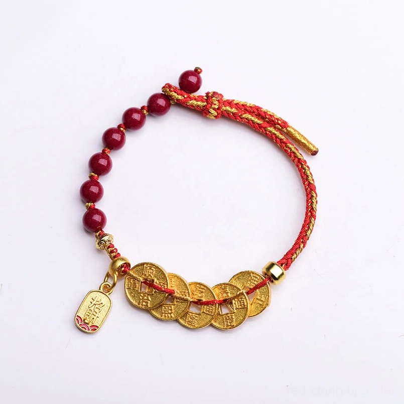 Five-emperor coins beaded bracelet with branded metal pendant bright red gold
