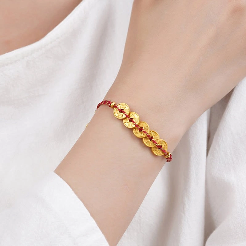 Five-Emperor Coins bracelet worn on wrist showing compact coin arrangement
