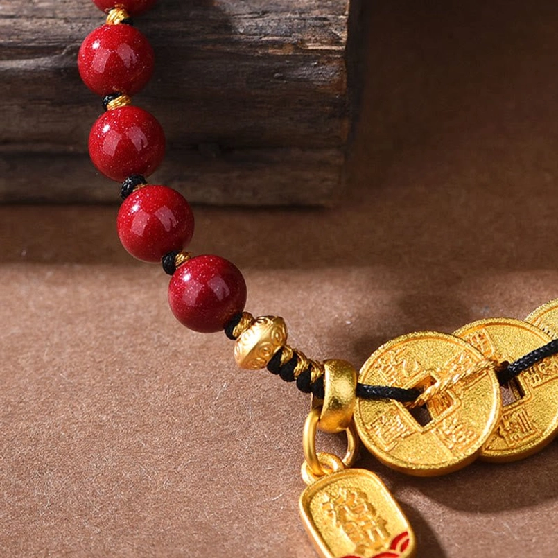 Red string bracelet with five emperor coins feng shui protection wealth