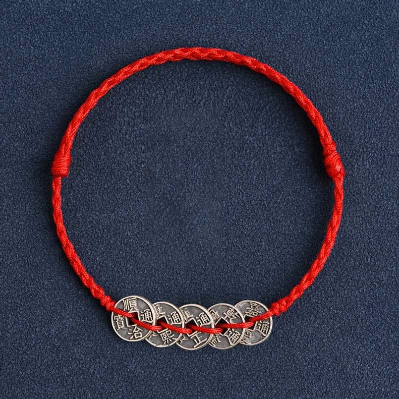 Five Emperor Coins red string bracelet and adjustable anklet styles available in one collection