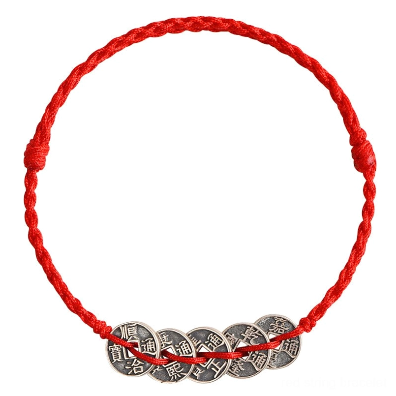 Red string bracelet gift packaging presentation for Five Emperor Coins spiritual talisman