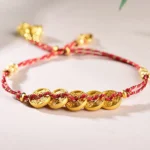 Five-Emperor Coins red string bracelet with gold-plated copper coins, adjustable woven design