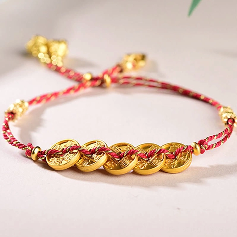 Five-Emperor Coins red string bracelet with gold-plated copper coins, adjustable woven design