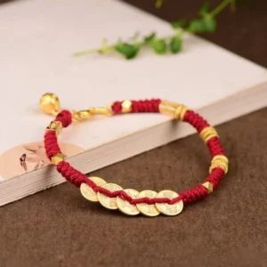Handmade Five Emperor Coins Red Woven Wealth Bracelet Oblique Top View