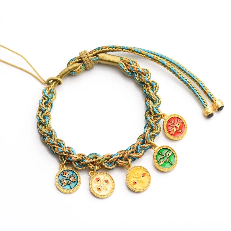 Tibetan five gods of wealth bracelet with five enamel pendants on white background