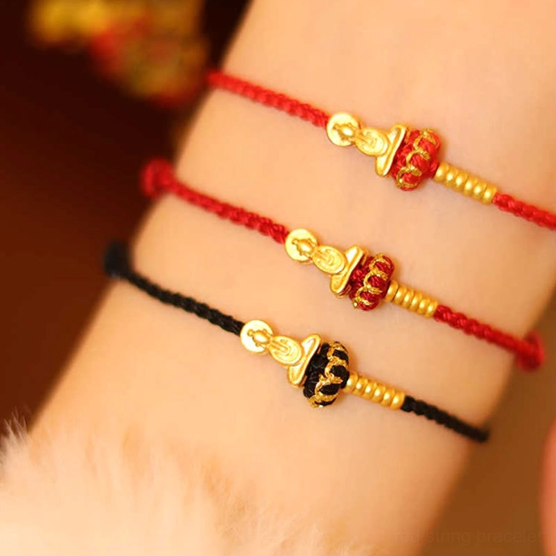 Formless Buddha lotus knot red string bracelet flat lay showing complete product design