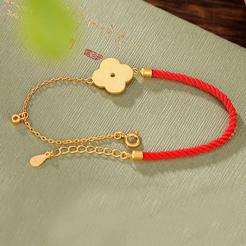 Red string bracelet reversible design with adjustable gold chain and clover charm
