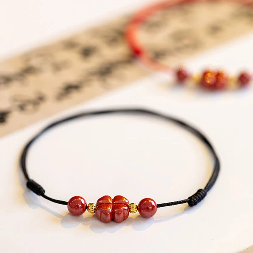 Four leaf clover cinnabar red string bracelet fortune luck fate symbol
