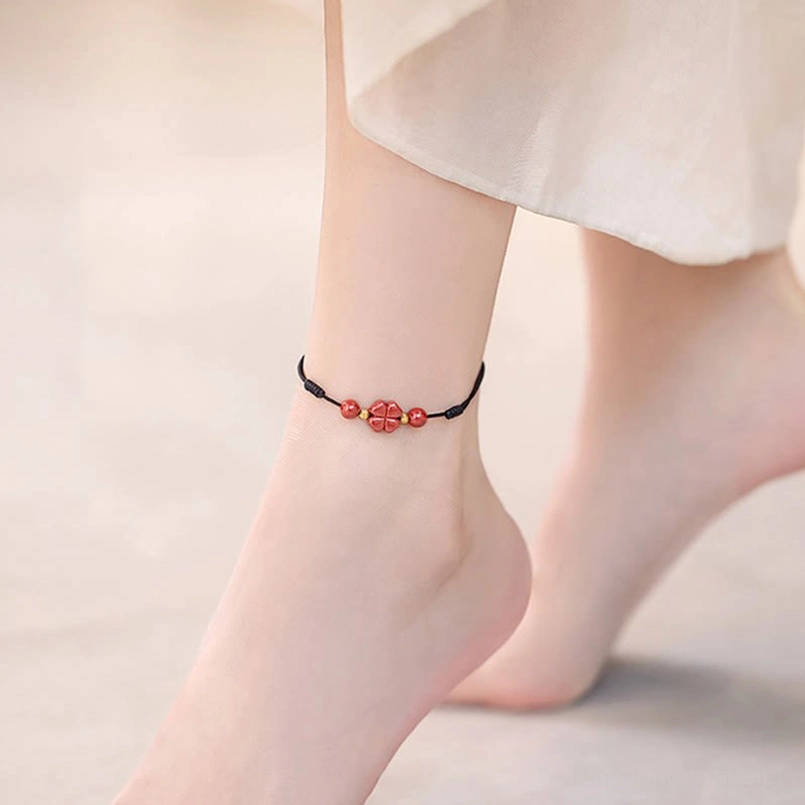 Four leaf clover cinnabar charm protection blessing calm energy stone bracelet