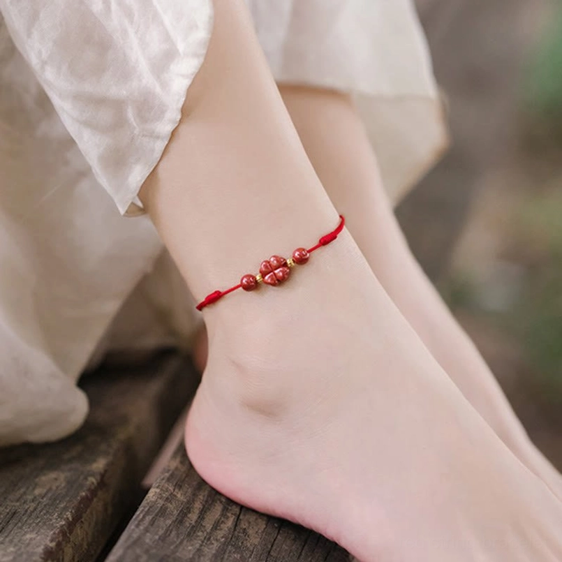 Four leaf clover cinnabar red string ankle bracelet adjustable fit demonstration