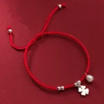 four-leaf-clover-pearl-red-string-bracelet-sterling-silver-top-view