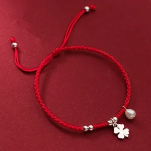 four-leaf-clover-pearl-red-string-bracelet-sterling-silver-top-view