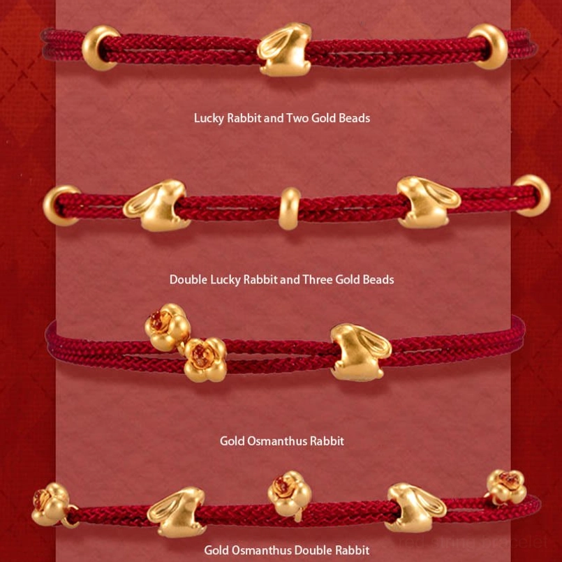 4 styles of 999 gold rabbit osmanthus red string bracelets displayed on reddish brown background