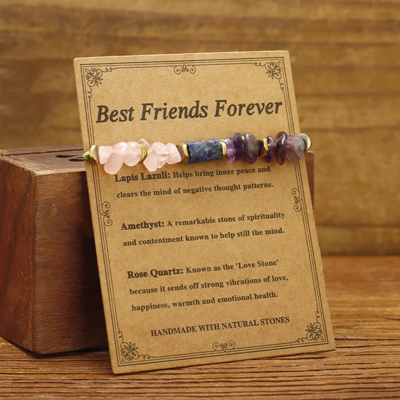Adjustable best friends forever gemstone bracelet tilted three-quarter view showing mixed natural stone chips