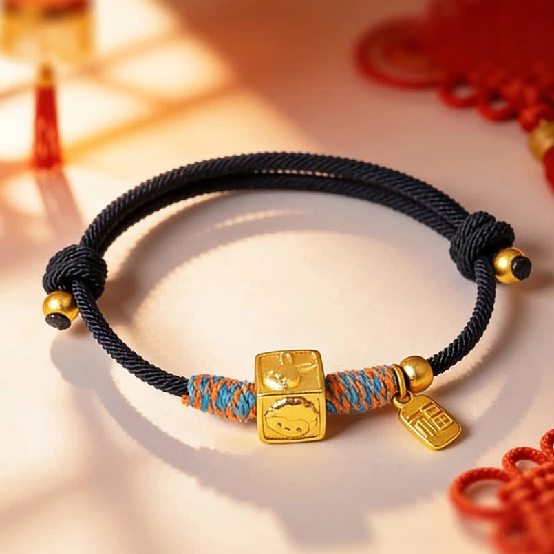 Fu character blessing charm on zodiac red string bracelet close-up detail view