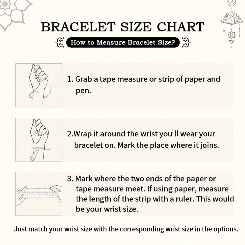 Bracelet size measurement guide showing wrist circumference 14-16cm sizing chart
