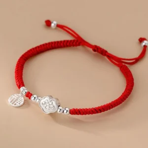 Handmade 925 sterling silver Fu character auspicious cloud red string bracelet main view