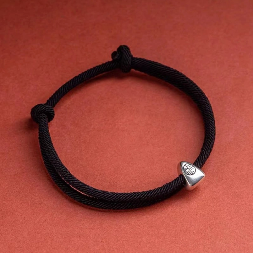 Black braided red string sterling silver fu character bracelet elegant style