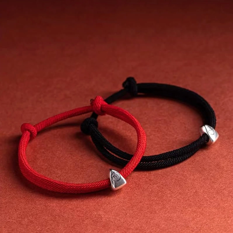 Red and black sterling silver fu charm braided string bracelets comparison style