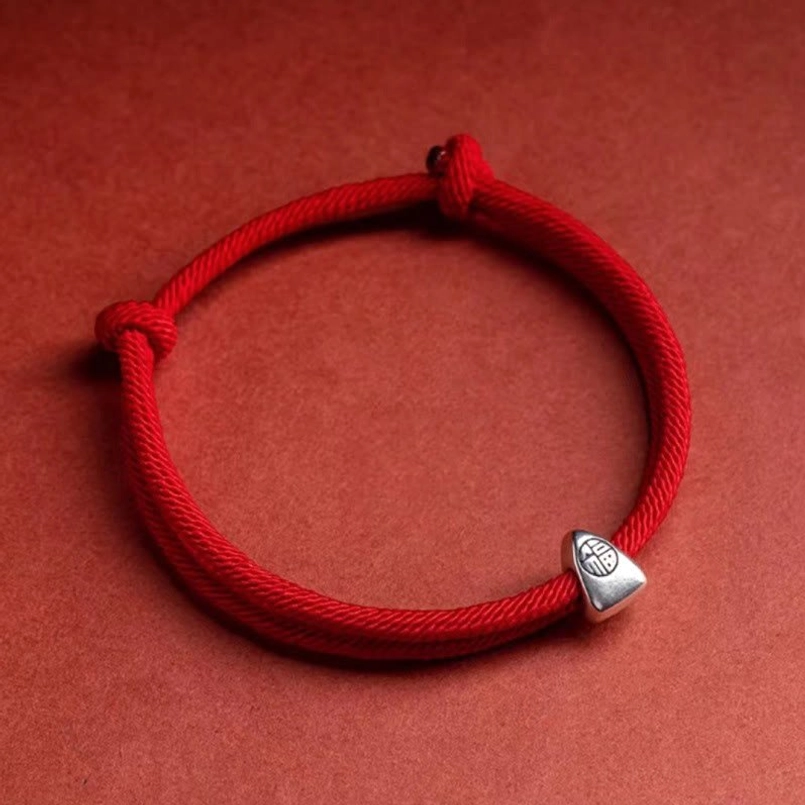 Deep wine red braided sterling silver fu character blessing bracelet classic style
